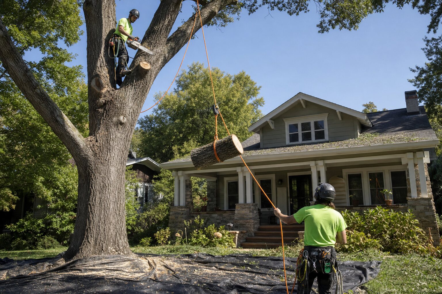 Certified climber operating a chainsaw high in an oak while a ground handler controls a rigged log section with orange lowering ropes in front of a Craftsman home